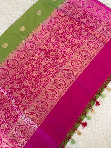 Banarasi Katan Silk Saree | Light Green and Rani/Bright Pink | Handwoven | Silk Mark | Ships from California